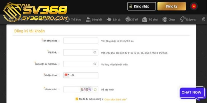 Hội viên sẽ cần nhập thông tin cá nhân vào trang đăng ký tại SV368